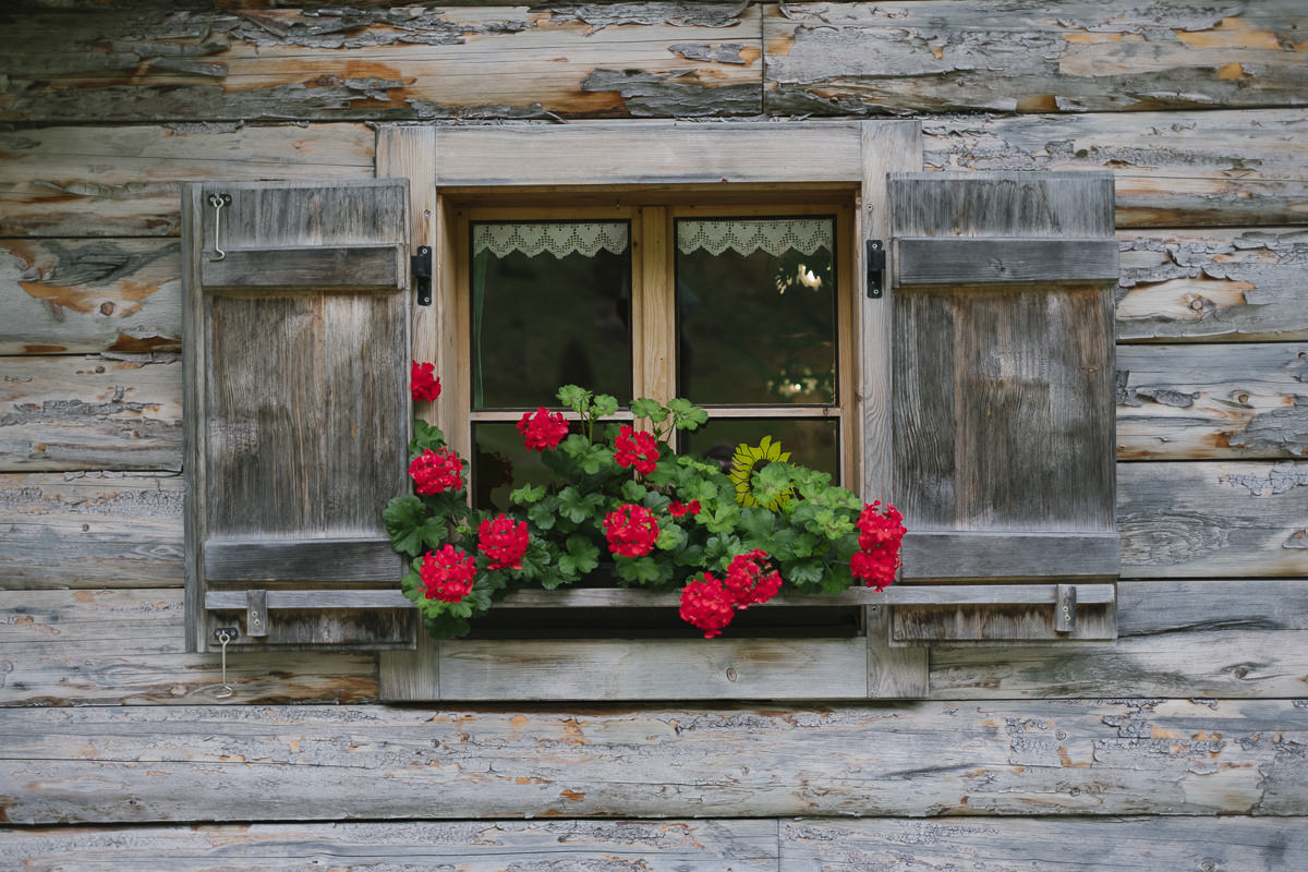 Fenster mit Blumenkasten und Fensterläden von einem Holzhaus in den Alpen