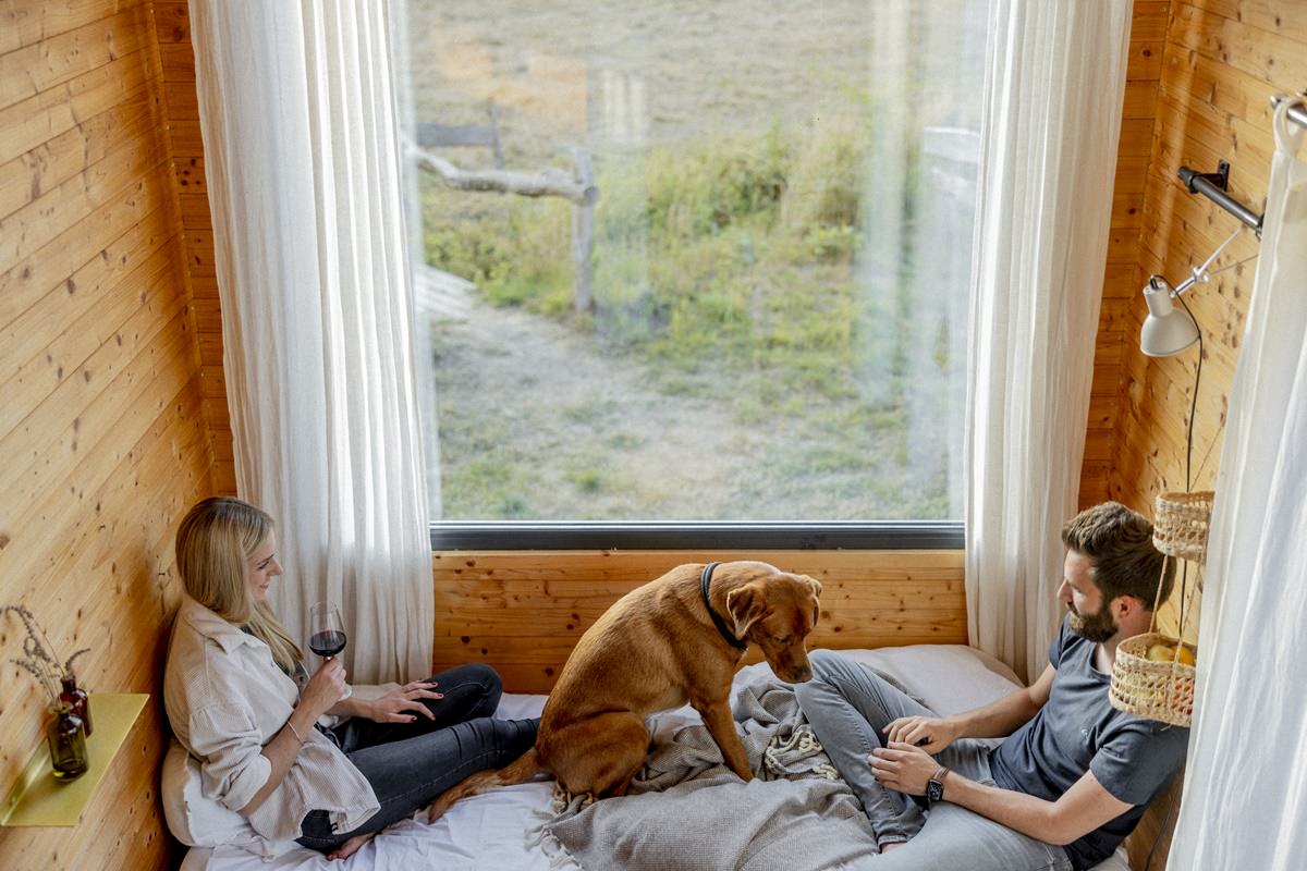 ein Paar sitzt samt Hund vor einem Fenster im Wohnzimmer eines Kuckuck Tiny House | Foto: Hanna Witte