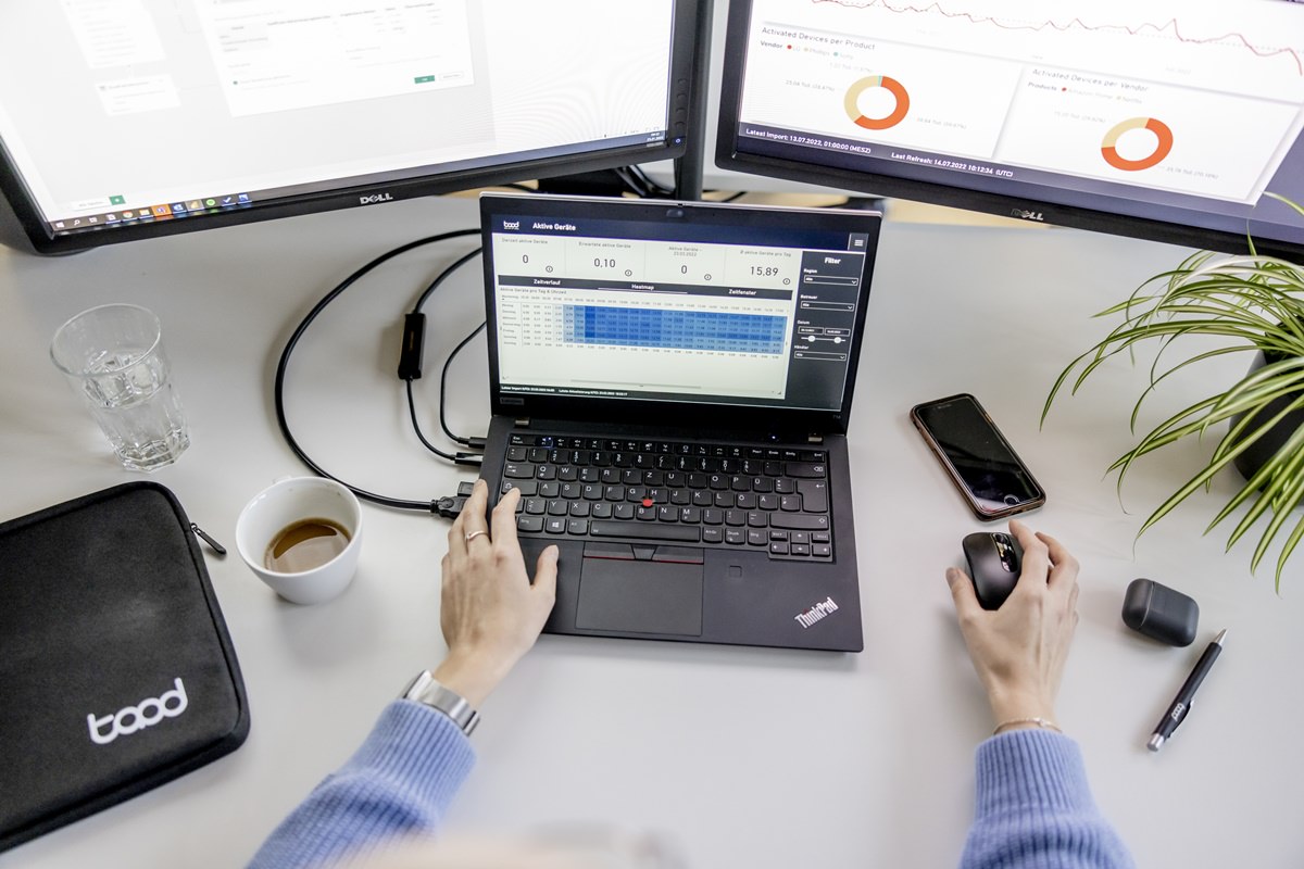 Arbeitsplatz einer taod Mitarbeiterin mit Laptop und zwei Computer Monitoren | Foto: Hanna Witte