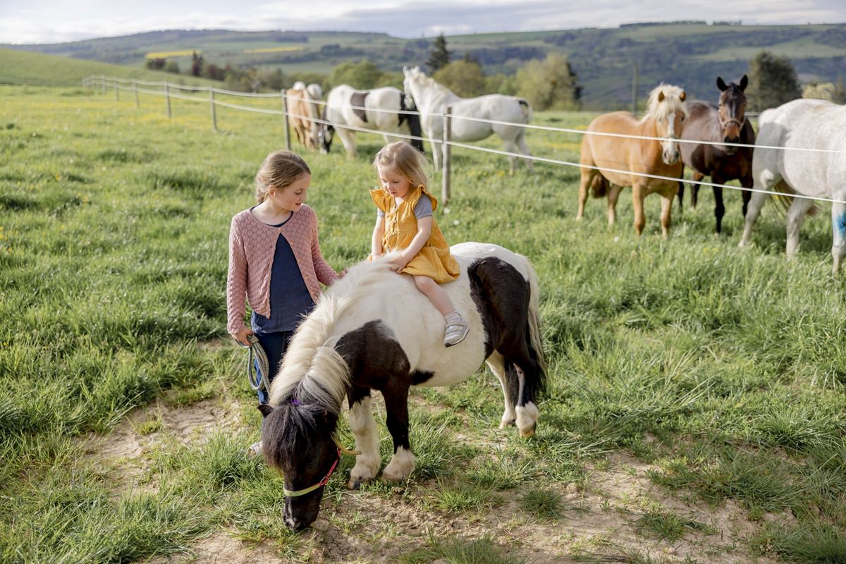zwei Kinder beim Ponyreiten auf der Wiese von Ferienhof Hardthöhe | Foto: Hanna Witte